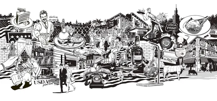 Black and white illustration of steakhouse and hospitality scenes