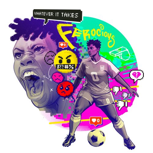 Ferocious female football defender with bold colorful emojis and text