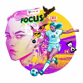 Female soccer player in action with vibrant digital background
