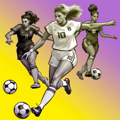 Three female soccer players in action with a yellow background