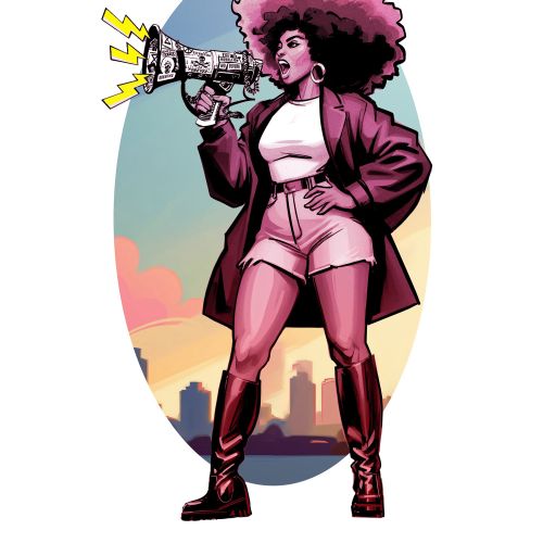 Black woman with afro speaking through megaphone at protest