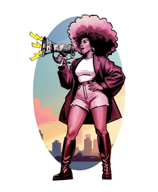 Black woman with afro speaking through megaphone at protest