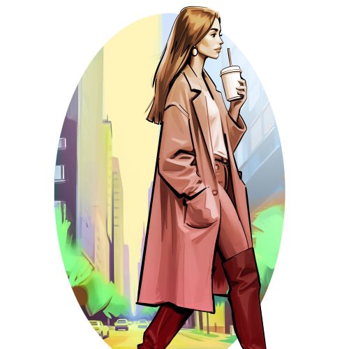 Woman walking in city with coffee cup wearing coat and boots