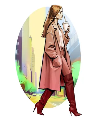 Woman walking in city with coffee cup wearing coat and boots