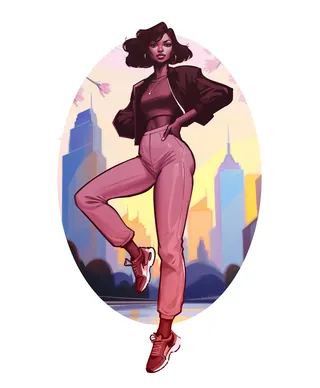 Sporty woman dancing in pink outfit with city skyline background