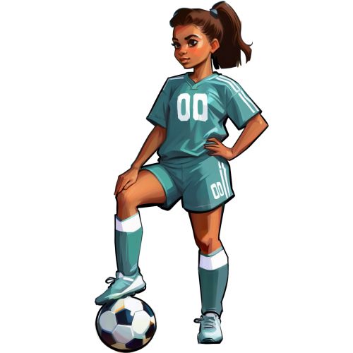 Young female soccer player standing with ball underfoot in teal uniform