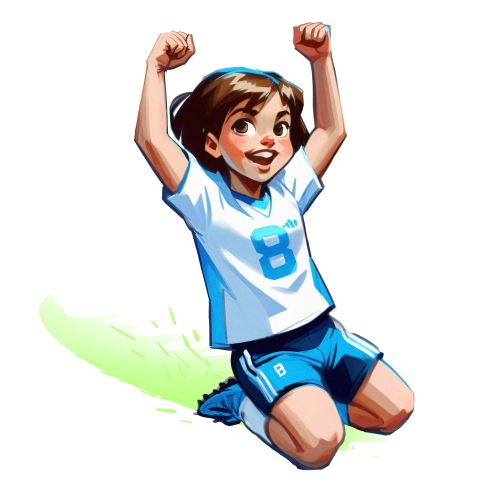 Young girl in football uniform kneeling and celebrating with arms raised