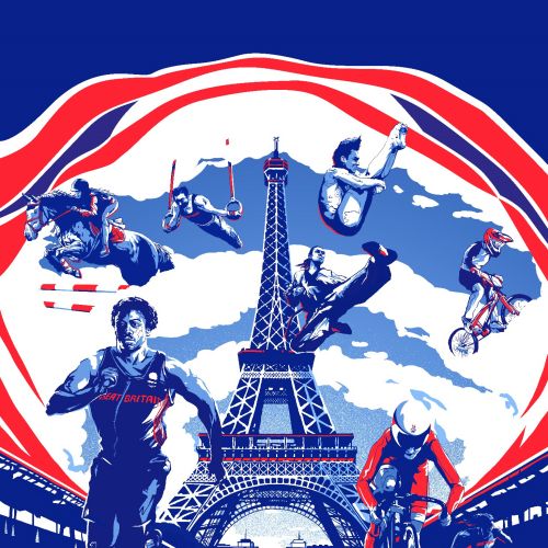 Eiffel Tower with athletes running, cycling, gymnastics, and skateboarding