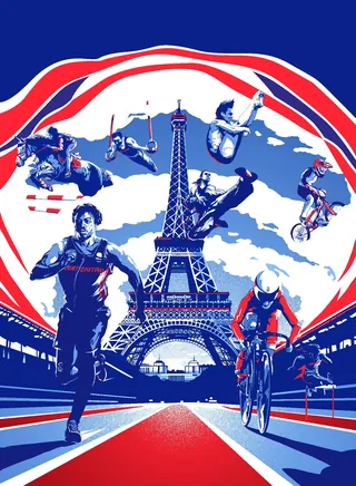 Eiffel Tower with athletes running, cycling, gymnastics, and skateboarding