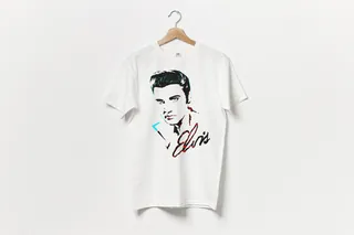 White T-shirt with black and teal sketch of Elvis Presley