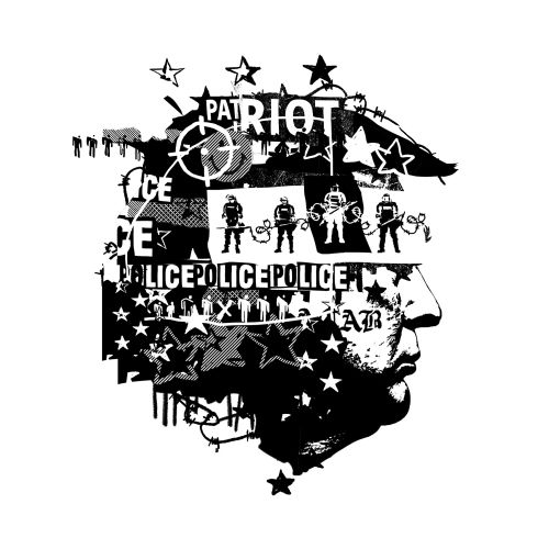 Black and white illustration of Donald Trump with protest and police imagery