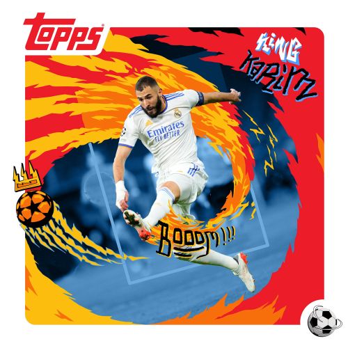 Karim Benzema in Real Madrid kit kicking soccer ball with fiery background