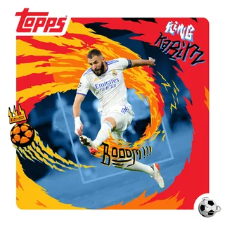 Karim Benzema in Real Madrid kit kicking soccer ball with fiery background