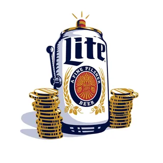 Illustration of a Miller Lite beer can with a tap and stacked coins
