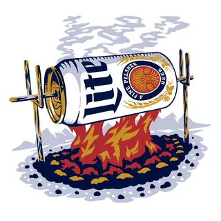Illustration of a Miller Lite can roasting over campfire