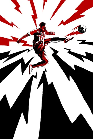 Red and black illustration of a soccer striker kicking a ball