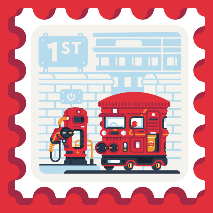 Graphic illustration of royal mail box and electric van