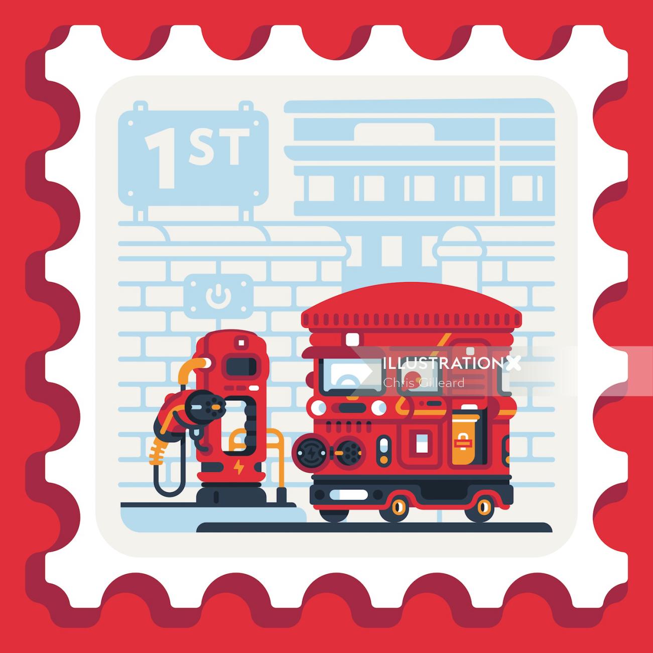 Ilustração gráfica da caixa de correio real e van elétrica