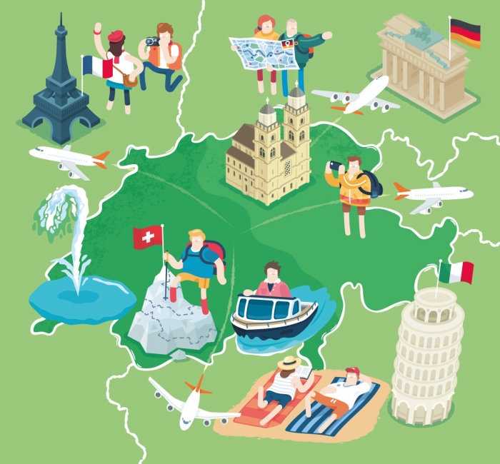 Architectural map illustration of Swiss Holiday Makers