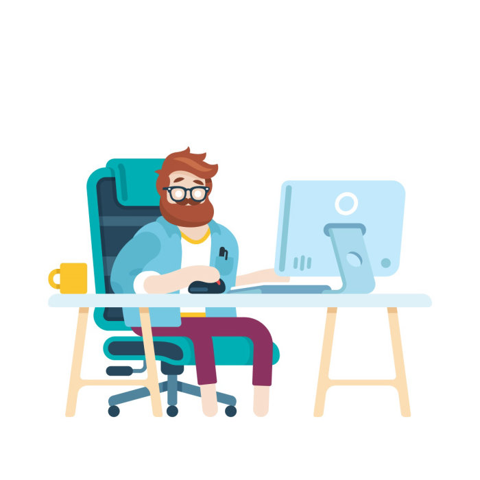 graphical illustration of man sitting on desk at job