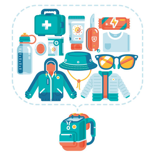 graphic illustration of migros hiking backpack contents
