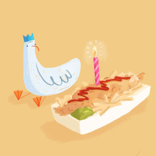 海鸥生日蛋糕的笔触插图
