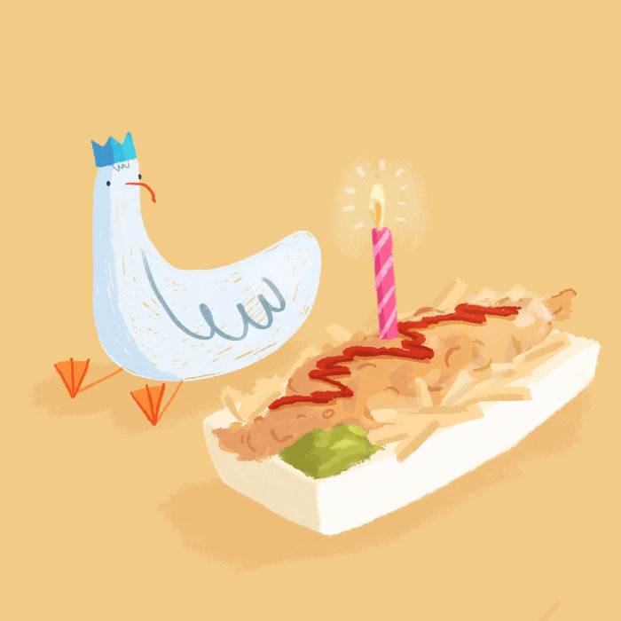 Brushstroke illustration of Seagull Birthday Cake
