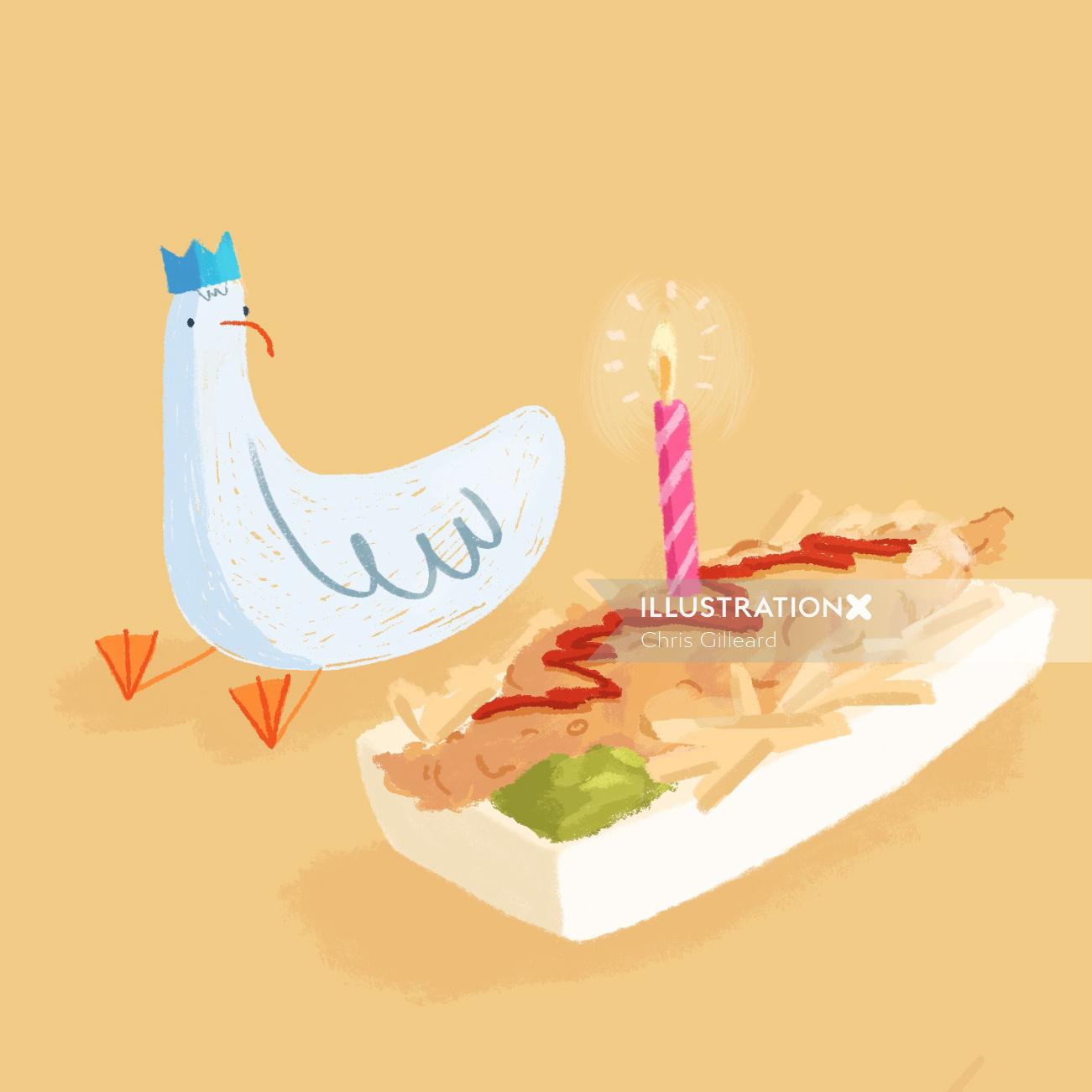 Ilustração de pincelada de bolo de aniversário de gaivota