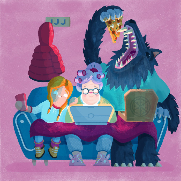 monstres et personnes travaillant sur des contes de fées pour ordinateur portable