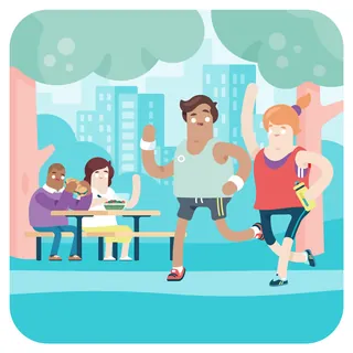 Park scene with people jogging and sitting on bench by Chris Gilleard