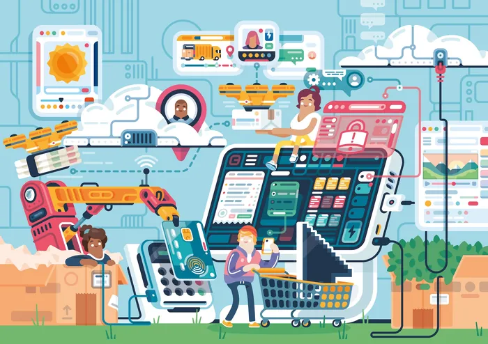 Futuristic retail with robots and digital screens, by Chris Gilleard