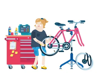 Person fixing a bicycle at a repair stand with tools and supplies by Chris Gilleard