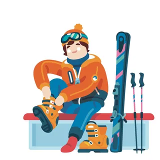 Person wearing orange jacket putting on ski boots by skis and poles
