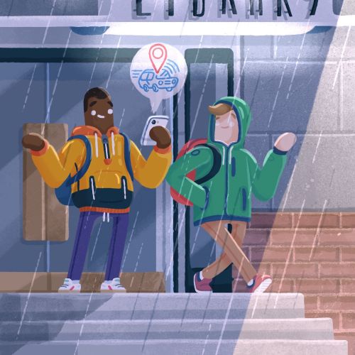 Two students in raincoats talking outside campus library by Chris Gilleard