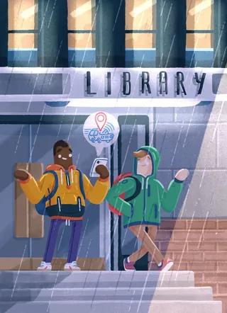 Two students in raincoats talking outside campus library by Chris Gilleard