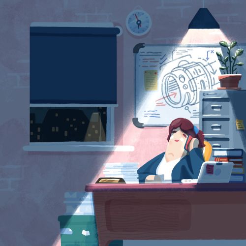 Office worker resting late at desk under lamp by blueprint and files by Chris Gilleard
