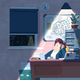 Office worker resting late at desk under lamp by blueprint and files by Chris Gilleard