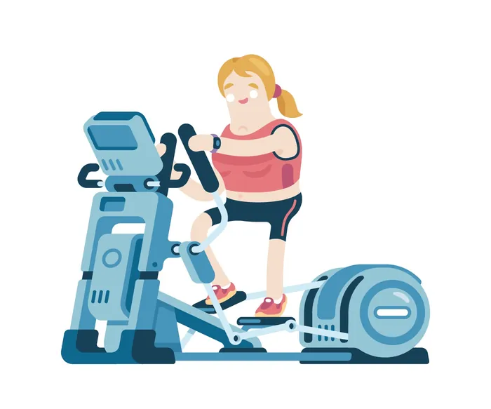 Woman working out on elliptical machine, by Chris Gilleard