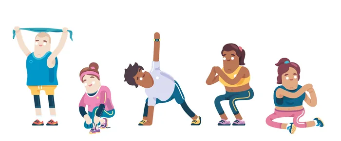 Five people doing various stretching and exercise poses by Chris Gilleard