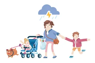Stressed parent holding two children with storm cloud above, by Chris Gilleard
