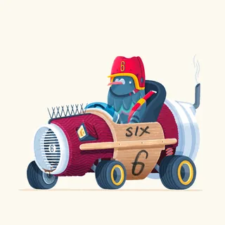 Pigeon driving a wooden race car wearing red helmet by Chris Gilleard