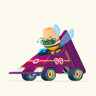 Wasp driving a purple race car with number 99 by Chris Gilleard
