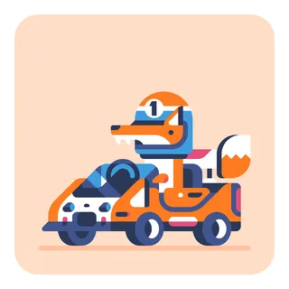 Cartoon fox driving small orange and blue race car by Chris Gilleard