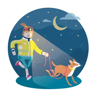 Person running at night with dog on leash by Chris Gilleard