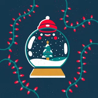Snow globe with Christmas tree surrounded by red string lights by Chris Gilleard