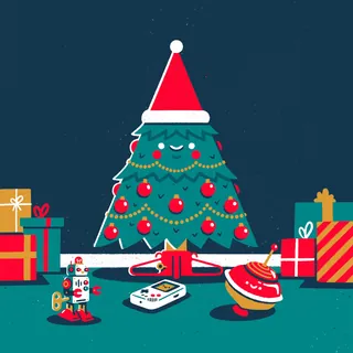 Smiling Christmas tree with ornaments, surrounded by toys and wrapped gifts by Chris Gilleard