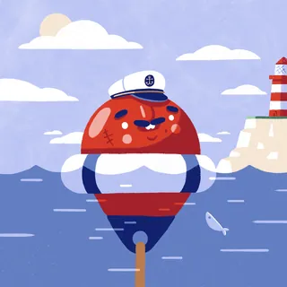 Illustration of a buoy with a sailor hat smiling on the sea by Chris Gilleard