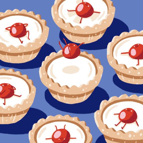 Illustration of cherry bakewell tarts with red cherries by Chris Gilleard