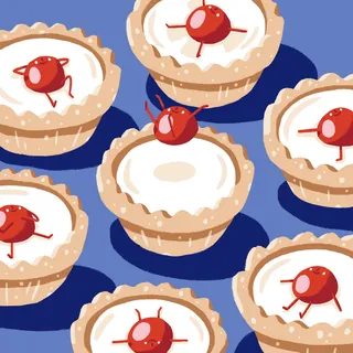 Illustration of cherry bakewell tarts with red cherries by Chris Gilleard
