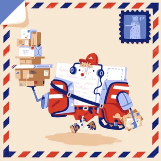 Postal worker carrying stacked mail and packages, illustrated by Chris Gilleard
